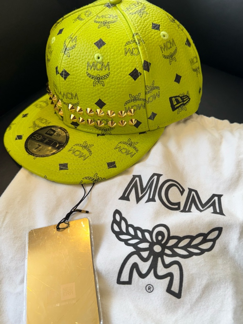 MCM Neon Yellow Logo Leather Studded Snapback Hat - Picture 2 of 6